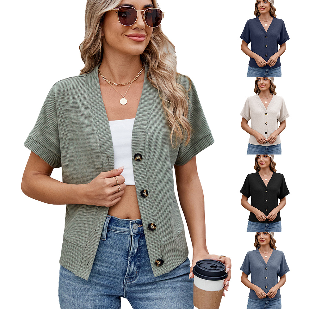 Amazon Europe and the United States cross-border foreign trade 2025 spring and summer new waffle casual V-neck knitted button short sleeve cardigan