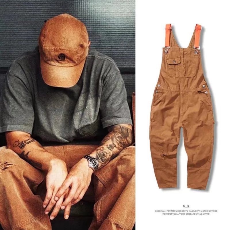 背带裤男士网红宽松直筒连体工装服潮流百搭破洞复古休闲牛仔裤潮|undefined