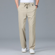 男士休闲裤潮流宽松夏季薄款亚麻男裤弹力透气时尚系绳直筒长裤子
