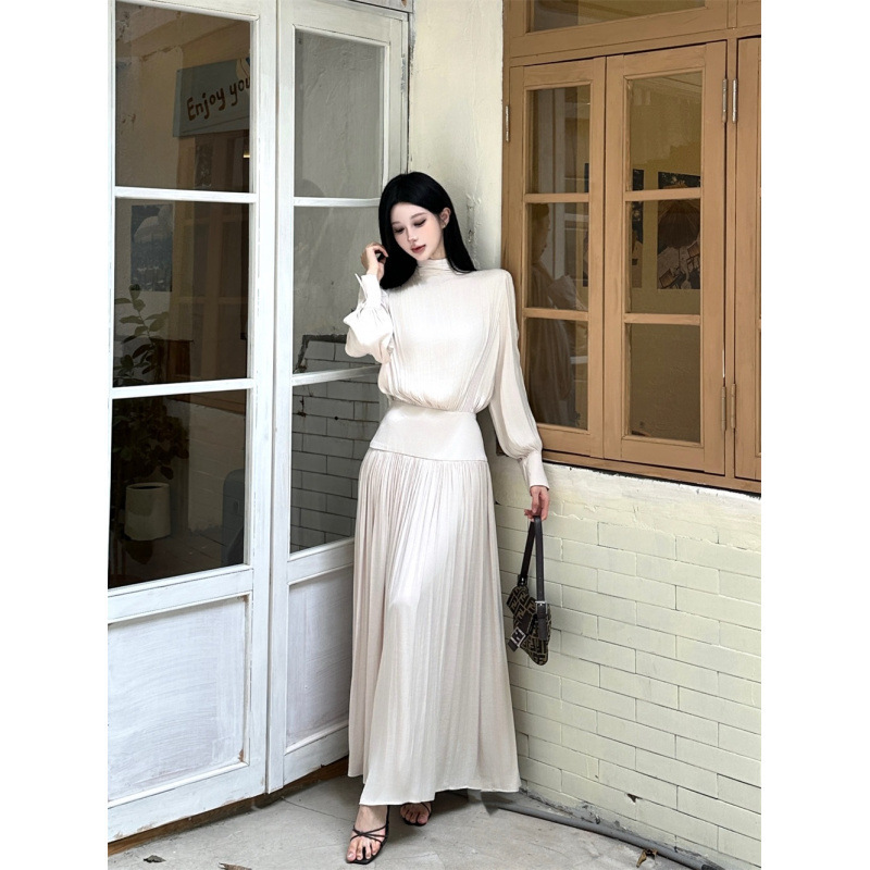 Real Shot of Ready-Made French Satin Long Pleated Long-Sleeved Dress for Women Autumn Dress Pleated Long