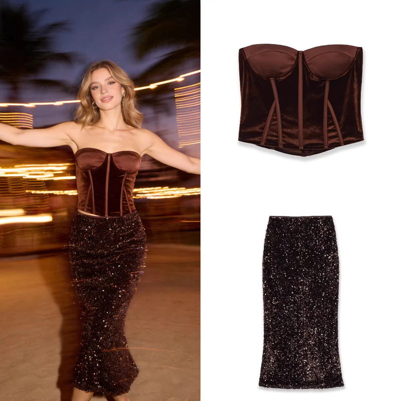 Z Brand Cross-Border Women's Clothing 2026 Spring Set Velvet Corset Top + Sequin Embellished Long Skirt