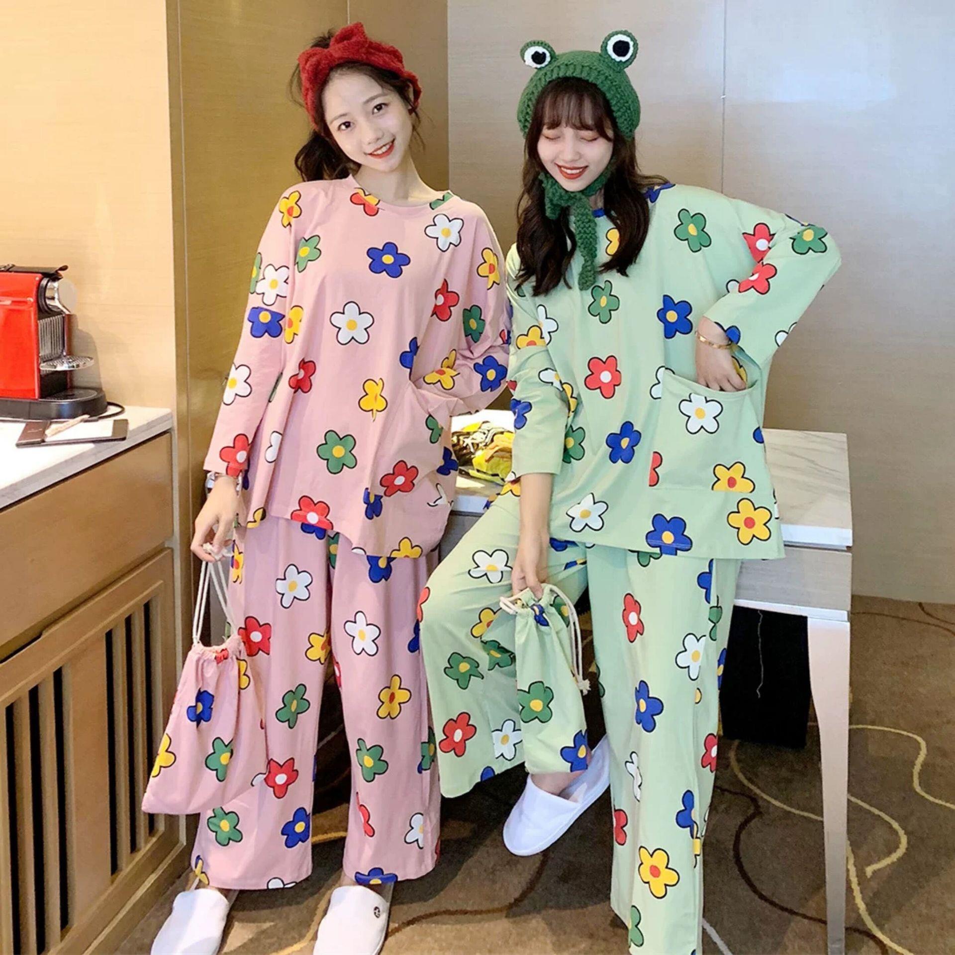 긴 소매 잠옷 여자의 봄과 가을 플러스 사이즈 잠옷 여자의 여름 한국 스타일 아웃웨어 여자의 잠옷 플러스 뚱뚱한 가정 옷 세트
