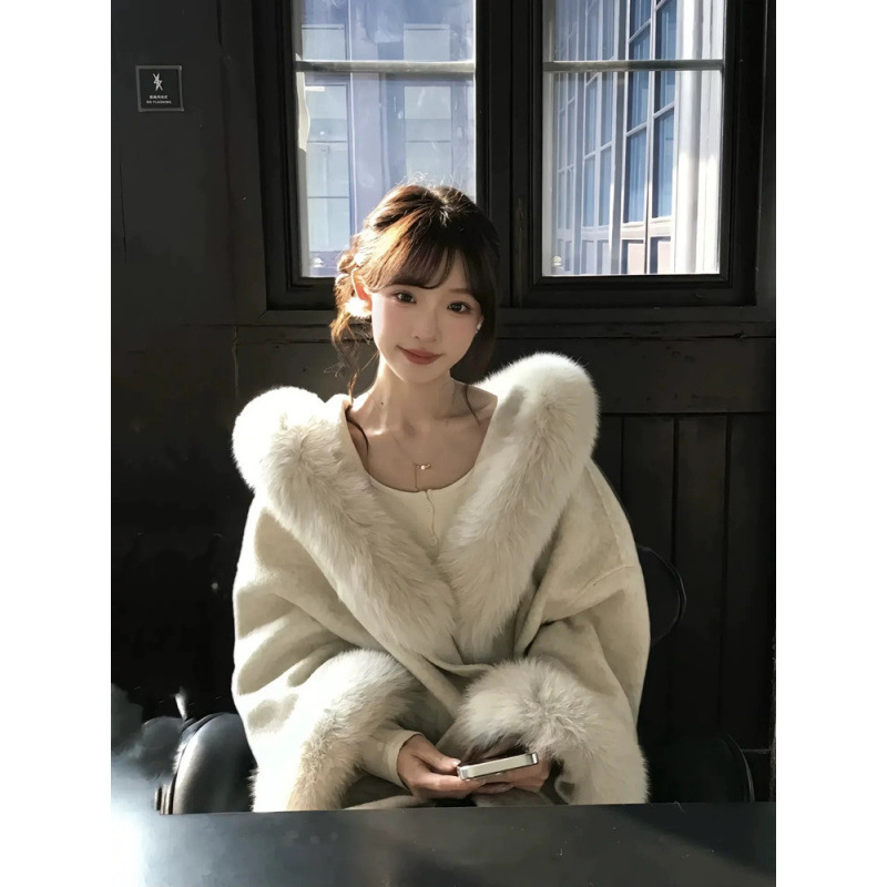 高级气质千金感仿狐狸毛领大衣女冬季设计感袖口毛毛保暖毛呢外套|undefined