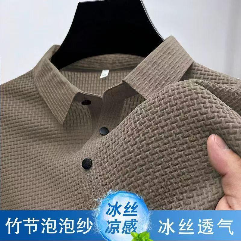 2025 nueva camiseta de manga corta de seda de hielo para hombres, solapa de verano, camiseta casual, de alta gama, media manga transpirable con sensación de hielo