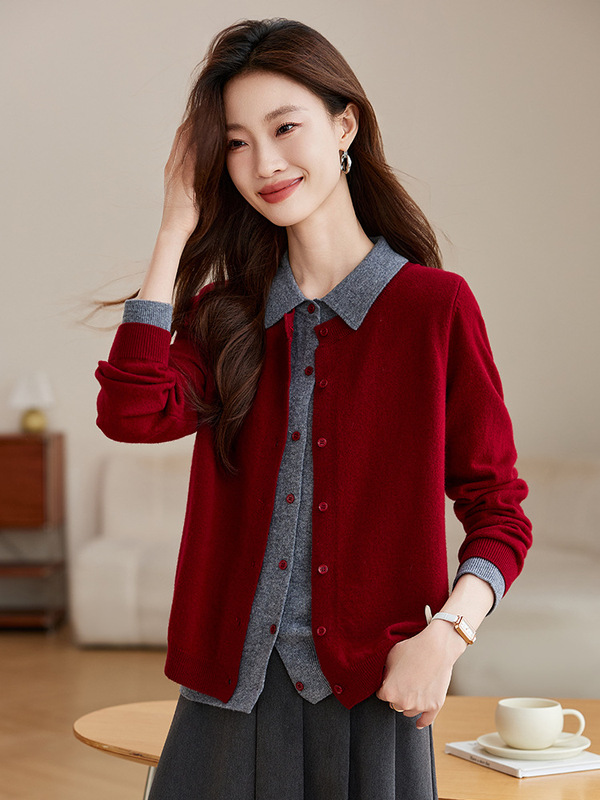 安可拉红开衫毛衣女士2025新款秋冬季假两件羊毛针织外套春秋上衣|undefined