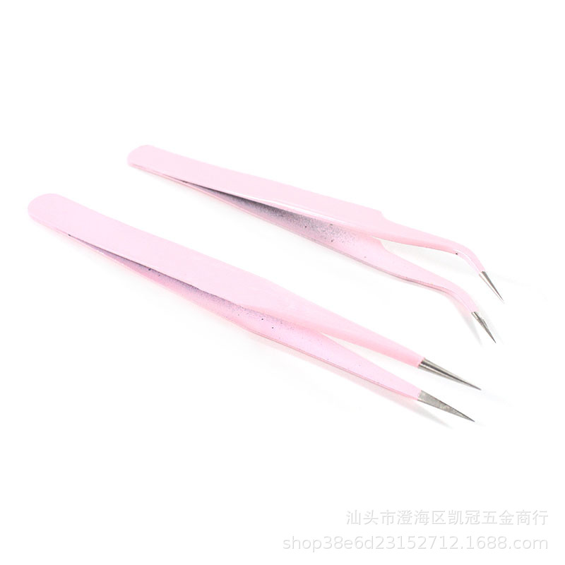 不锈钢粉色镊子弯头直头尖头美容美睫美甲工具嫁接睫毛工具