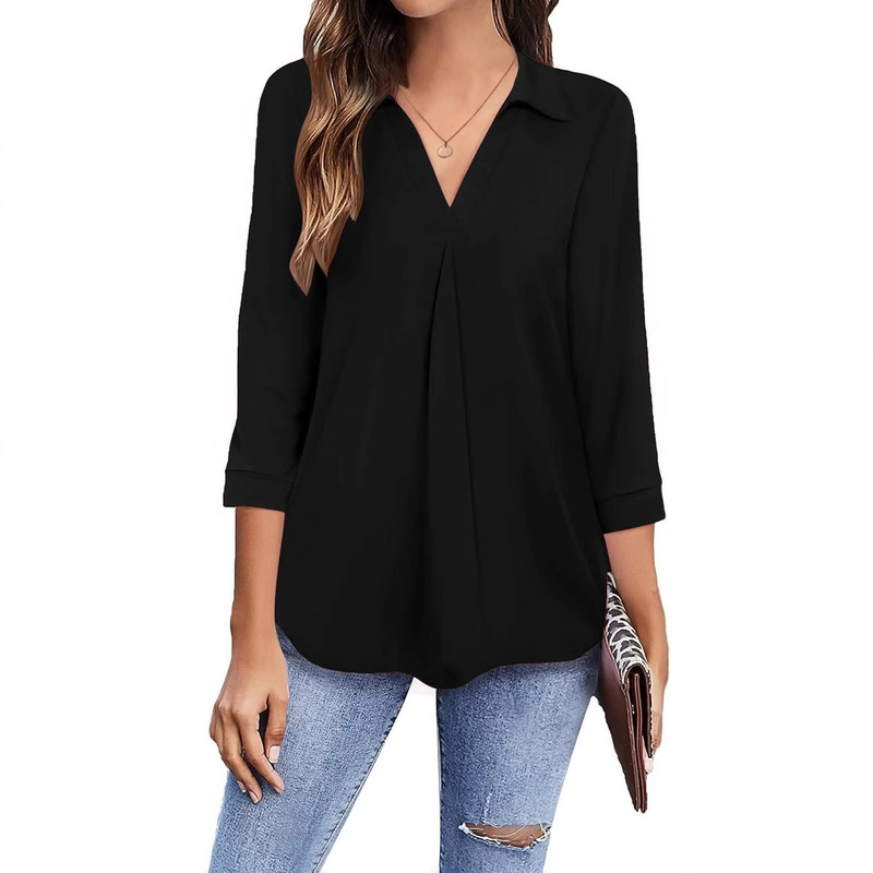 Cross-Border Amazon Women's Collared V-Neck Three-Quarter Sleeve Shirt Casual Top Loose Work Chenille Fabric