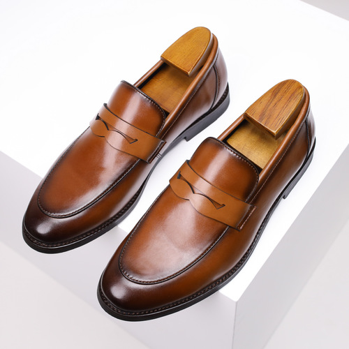 Summer Men's Genuine Leather Penny Loafers, Business British Leisure Shoes, Black, One-Piece, Beanpole Shoes, Large Size