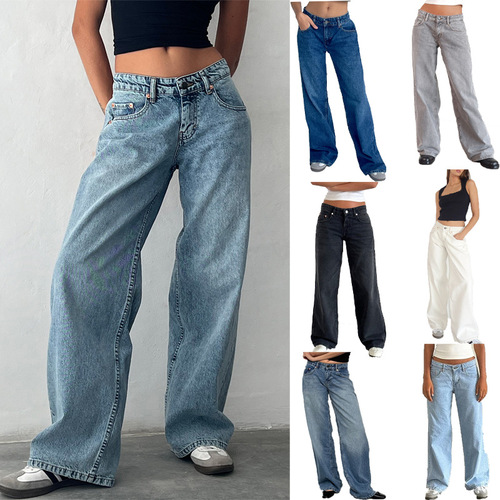 American retro low waist non-elastic wash straight jeans for women in autumn new street wide-leg denim women's pants