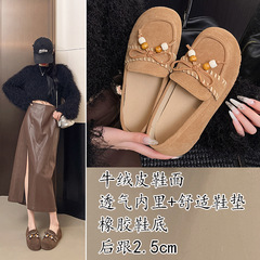 牛绒皮平底勃肯鞋女2025秋季新款复古休闲百搭单鞋真皮软底袋鼠鞋