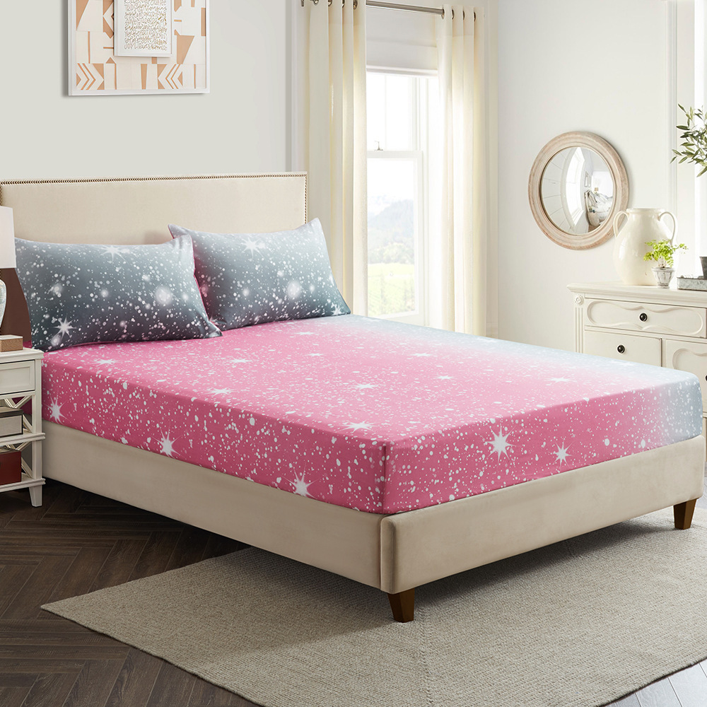 Spannbettlaken mit rosa und grauem Sternenmuster – 3D-geprägter Polyester-Bettbezug für die Dekoration von Mädchenzimmern Twin/Full/Queen/King Size_voghion.com