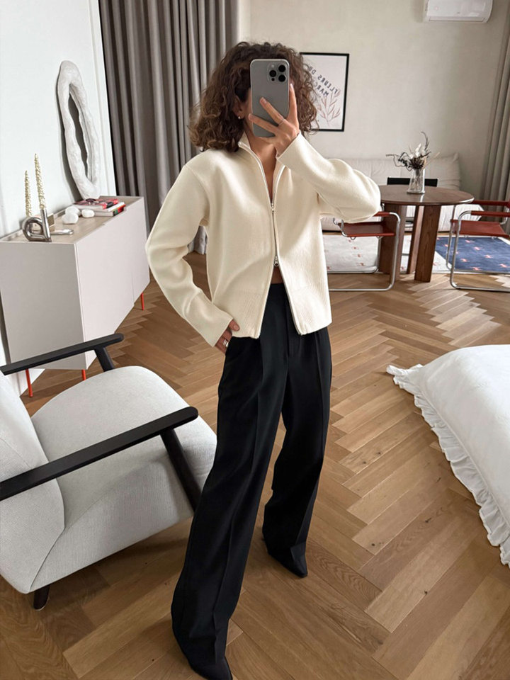 Áo khoác cardigan len dệt kim cổ đứng khóa kéo hai chiều dài tay — Màu nâu cà phê, Màu trắng, màu đen, màu đỏ chi tiết 5