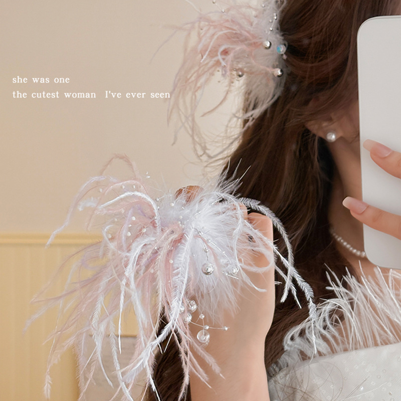 Fireworks Easy to Cold ~ Atmosphere Feeling Feather Hairpin Women's Side Bangs Clip ins Fairy Style Hairpin Bride Ring Headwear Winter