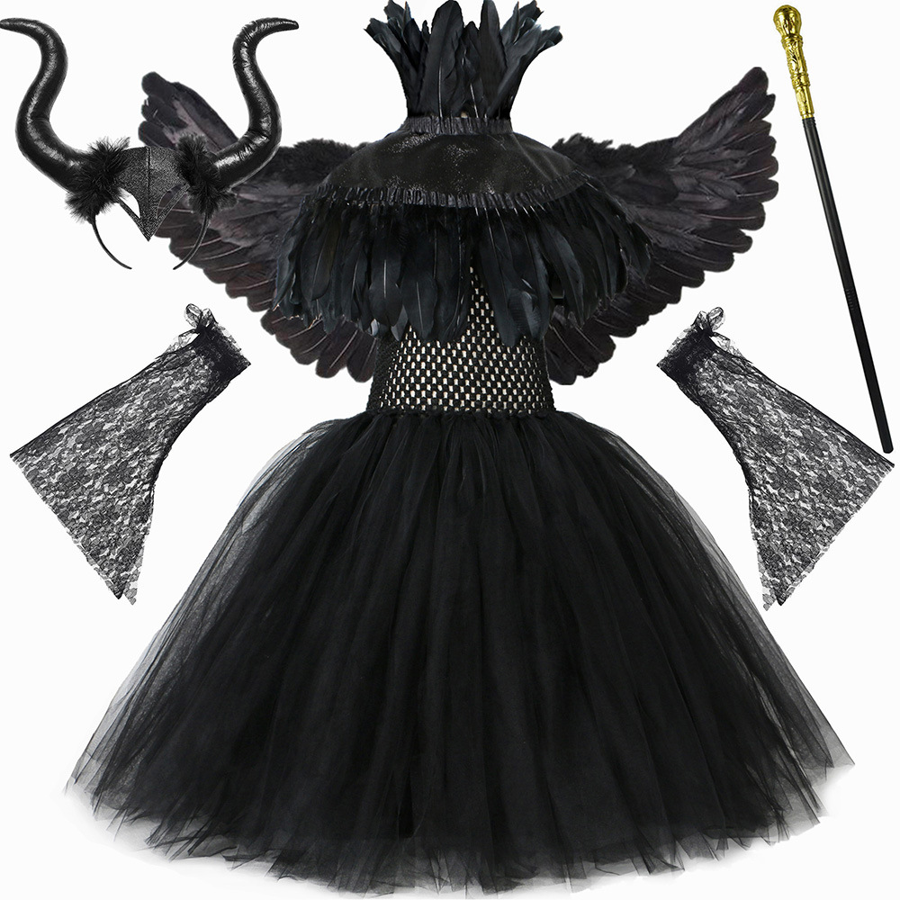 Ropa para niños Vestido de bruja maléfica Capa de plumas Disfraz de Halloween para niños Vestido de malla negro para niña gótica_voghion.com