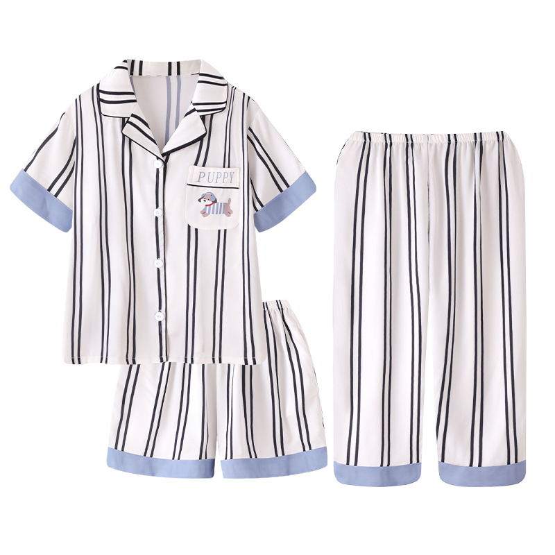 Pijama de niños frío seda de hielo y nieve mangas cortas tres piezas con solapa delgada 2026 nueva ropa casera infantil de verano