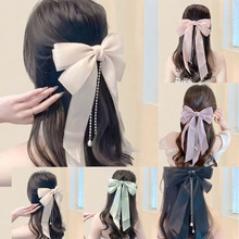 韩国大蝴蝶网纱飘带发夹女珍珠流苏弹簧夹小众高级感简约发卡发饰