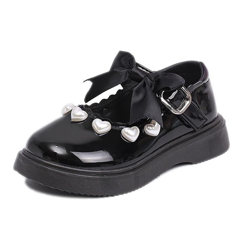 Zapatos de princesa de arco de niña espectáculo de zapatos de cuero negro de primavera y otoño de 2025 chicas amor Mary zapatos de moda rara