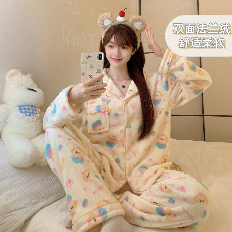 法兰绒睡衣女秋冬季新款韩系卡通条纹长袖加厚保暖少女家居服套装|undefined