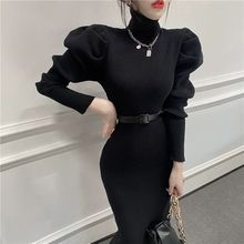 针织打底连衣裙女内搭秋冬季新款高领开叉中长款气质毛衣长裙过膝