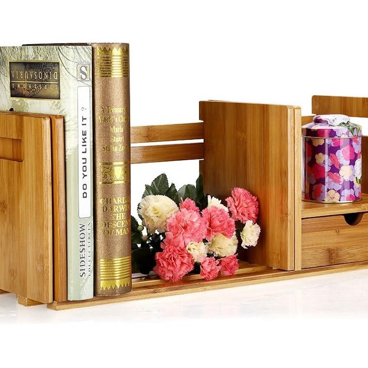 Bamboo Shelf, Adjustable Book Organizer with Drawers, Suitable for Bedroom and Office Desk