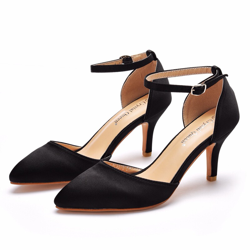 7cm mid heel sandals stiletto heel pointed buckle sandals artificial silk wedding banquet dress shoes pointed sandals for women