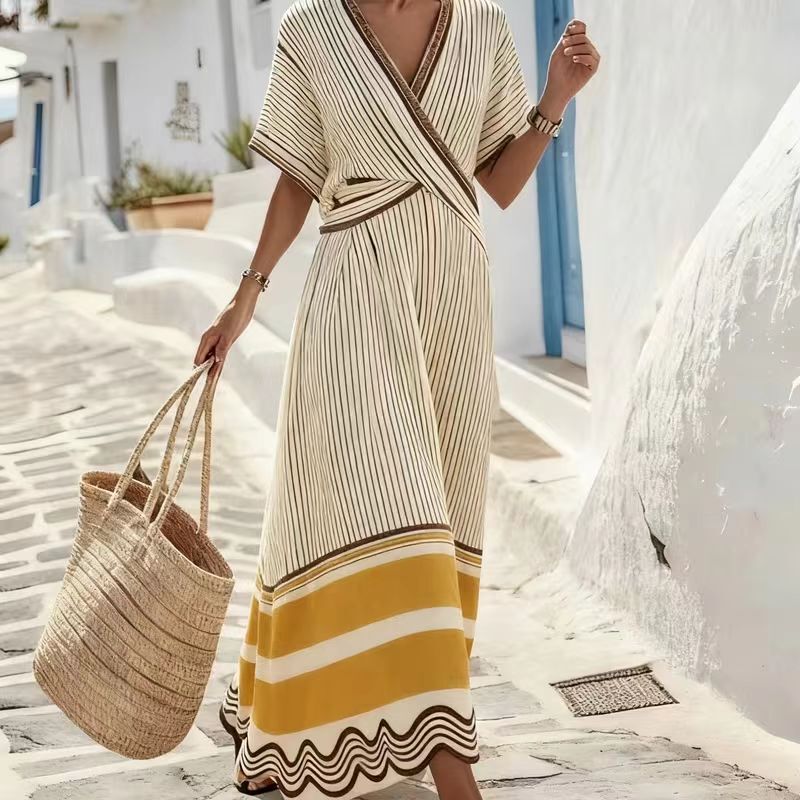 Summer New Bohemian Striped V-Neck Wrap Long Dress, Loose and Slimming Beach Vacation Maxi Dress Summer New Bohemian Striped V-Neck Wrap Long Dress, Loose and Slimming Beach Vacation Maxi Dress