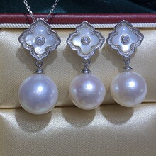 DIY珍珠银配件 贝母四叶花珍珠耳钉万能扣吊坠简约 通体S925纯银