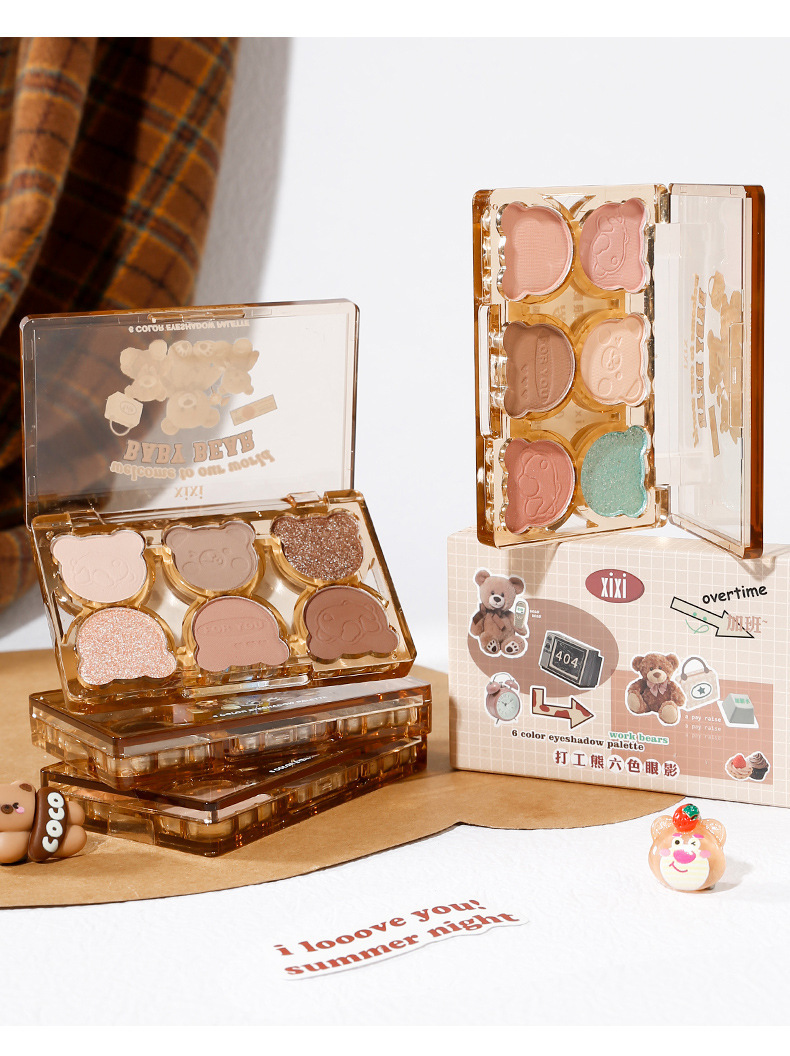 Beauty xixi Working Bear six-color eyeshadow, cool, broken diamond pink, purple and blue contrast color y2k imitation smoky cut eye makeup undefined