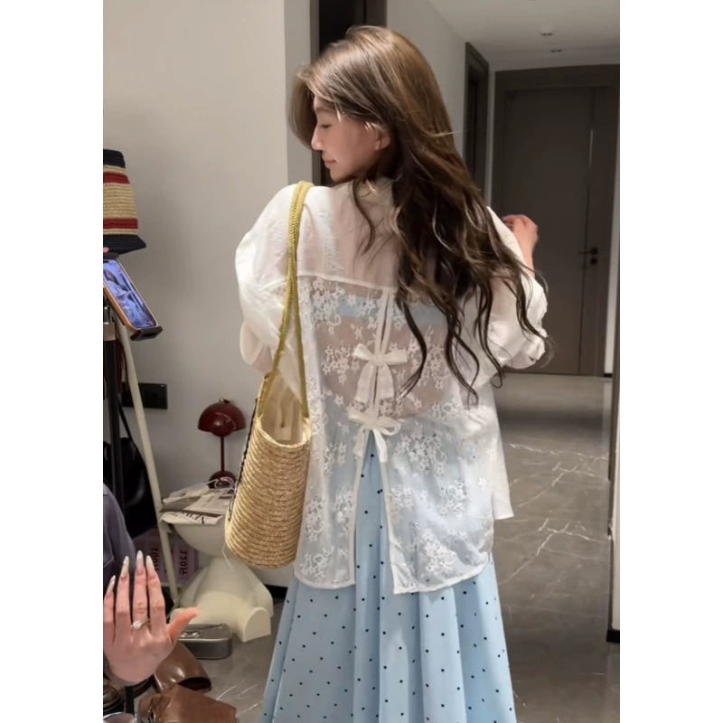 Шикарная дизайнерская рубашка с французским кружевным бантом для защиты от солнца для женщин, лето 2025, новая тонкая рубашка, красивый топ