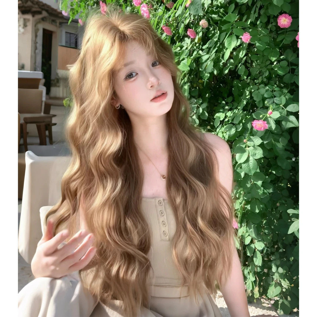 Nueva peluca lino marrón mediano perezoso sensación de cabello largo rizado lolita red cubierta de cabeza completa