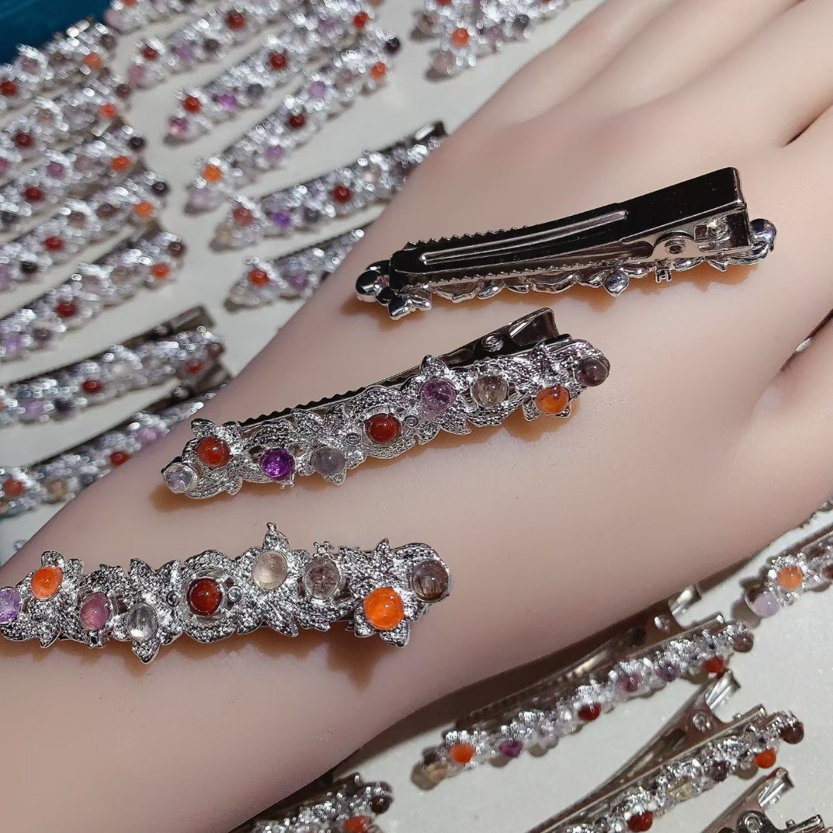 Korean-Style Light Luxury High-End Rhinestone Design Hairpin Natural Aurora Hairpin Bangs Clip Pink Duckbill