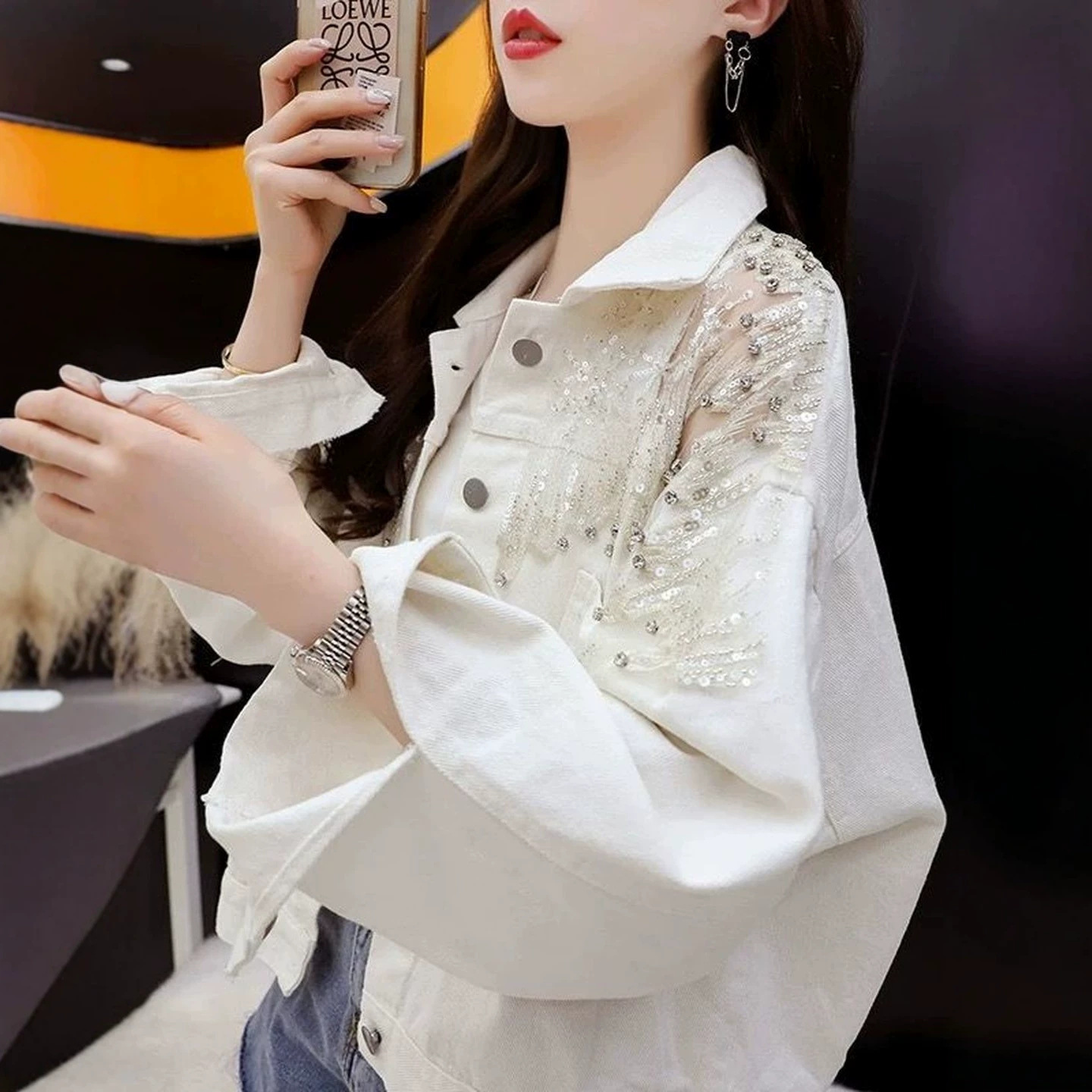 Women's heavy-duty denim jacket with a unique design, new spring/autumn style for 2026, Korean style, loose fit, short length, perfect for petite women, summer top.