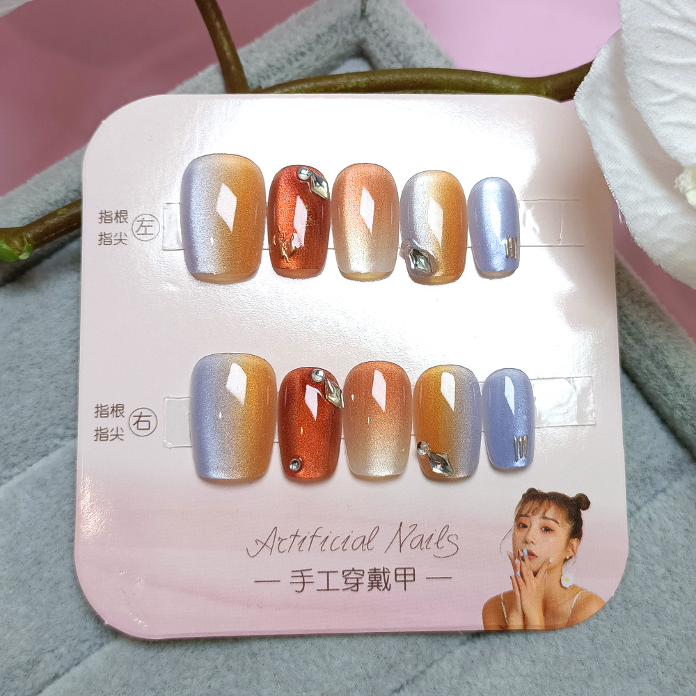Sweet curto ojo de gato manicure azul gradiente hecho a mano 10 piezas parches de uñas de código de corte de diamantes para usar uñas