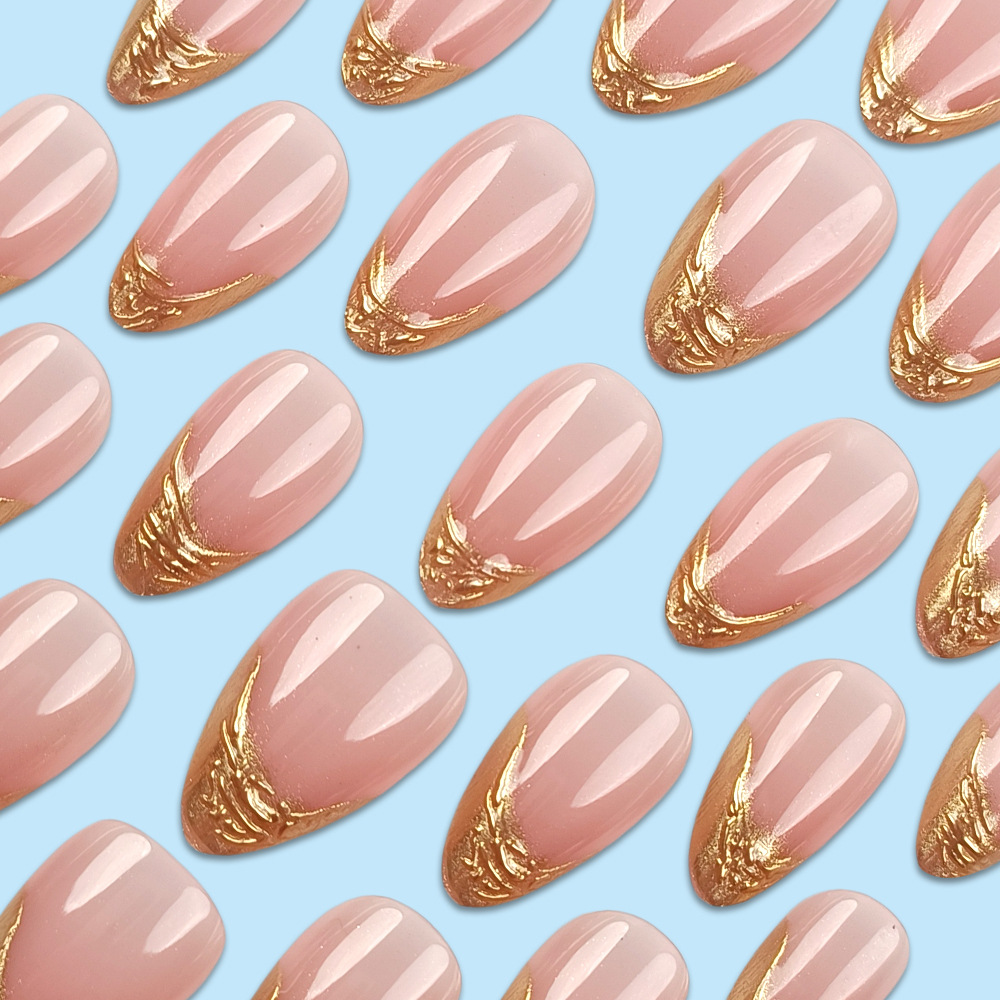 3D en relieve tridimensional, uñas postizas rosadas en forma de almendras, uñas cortas, 30 piezas, parches de uñas francesas doradas