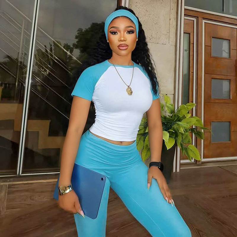 Amazon American-Style Casual Sports Suit Basic Color-Block Short-Sleeve T-Shirt Top and High-Waisted Long Pants Fitness Three-Piece Set