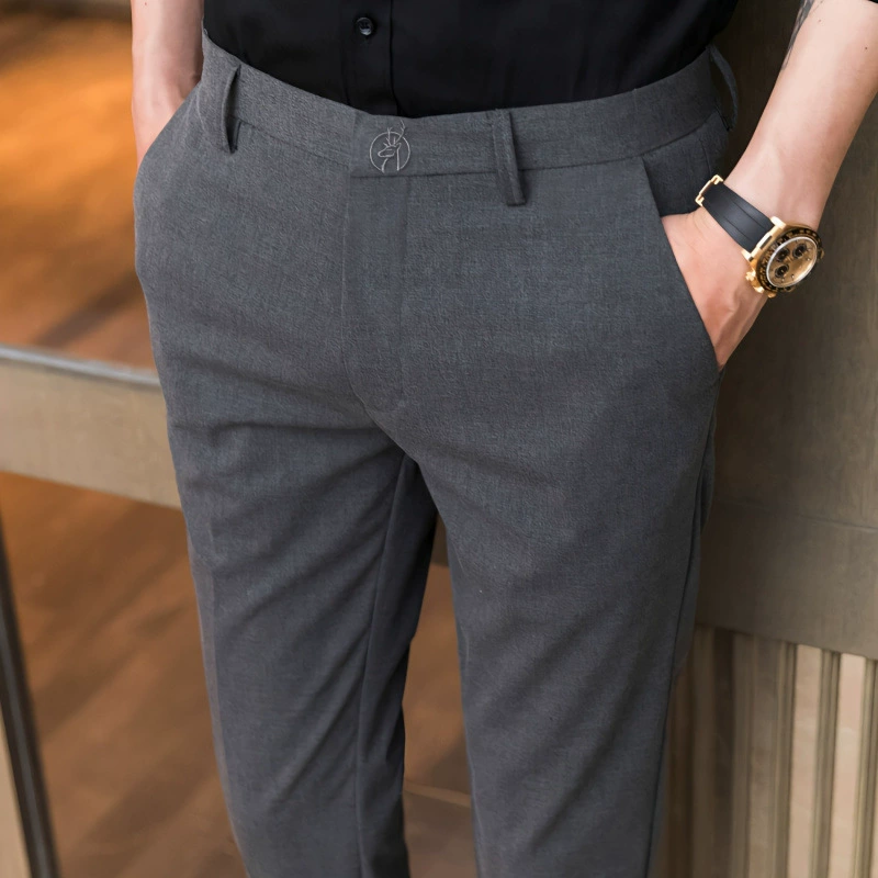 Высококачественные мужские костюмные брюки, весенне-осенняя официальная одежда, новые деловые стильные облегающие повседневные брюки чистого цвета для маленькой стопы.