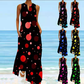 跨境亚马逊Wish欧美女装 2022新款印花波点光圈无袖长款连衣裙