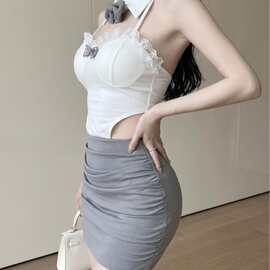 纯欲风情趣内衣辣妹蝴蝶结拼接蕾丝挂脖翻领镂空性感露背套装8034