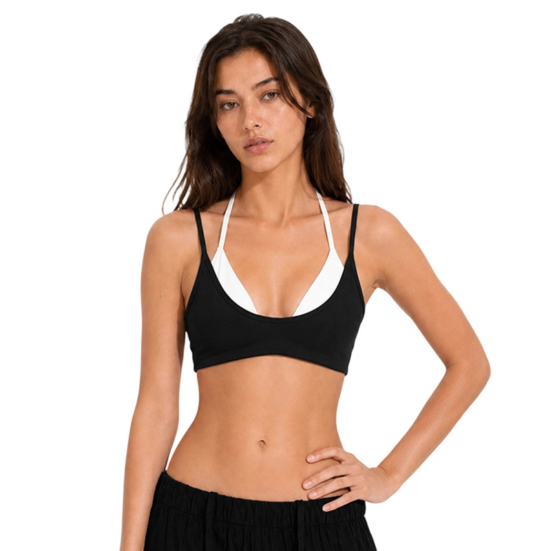 Europa y Estados Unidos de color transfronterizo falso empalme dos piezas chaleco deportivo cabina ropa de yoga hombro colgante cuello mujer con cojín de pecho