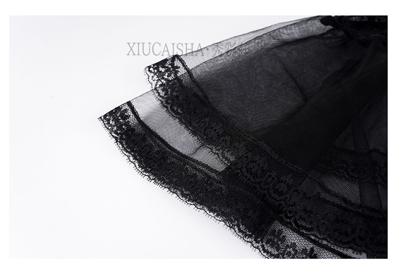 Lace Transparent Bodysuit Nightgown with Open-Crotch Stockings, Black One-Size Lingerie Dress — detail image 28