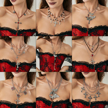 欧美跨境新款甜酷哥特十字架流苏饰品辣妹项链珍珠choker女锁骨链