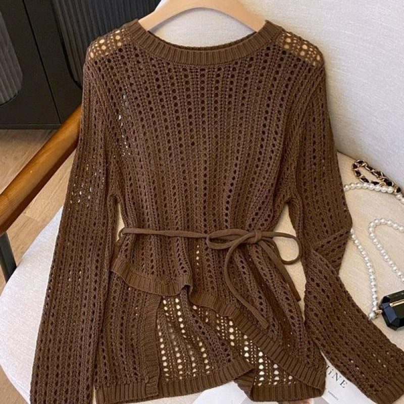 Полая внешняя блузка, летняя тонкая защита от солнца, вязаный крючком полый свитер нестандартной формы, ленивая талия с кондиционером, круглый вырез.