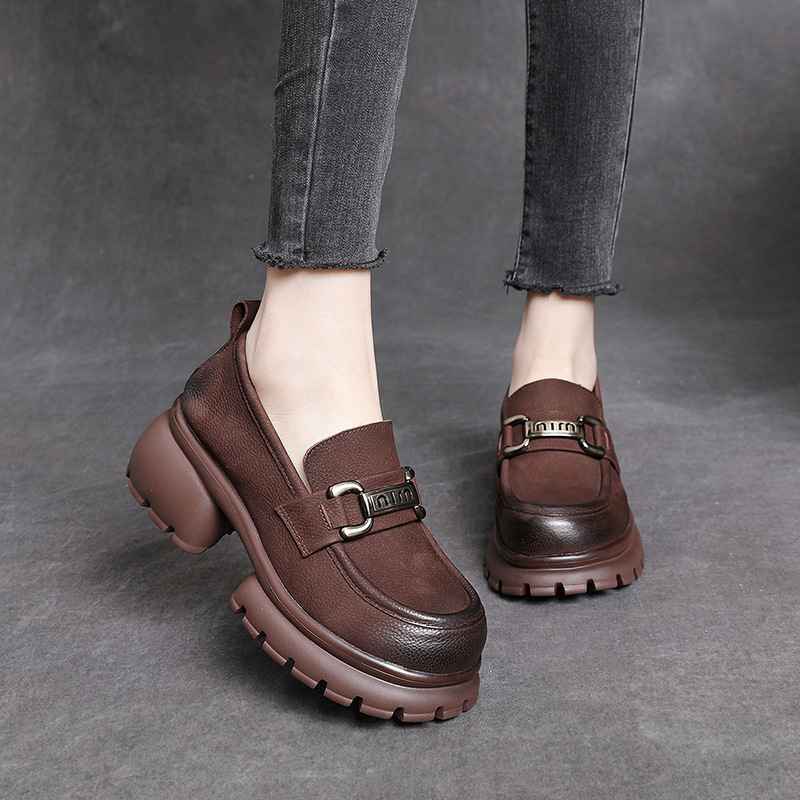 Thick-soled Loafers Women's Cowhide Retro British Style Small Leather Shoes Spring Style Genuine Leather Thick Heel Casual Shoes