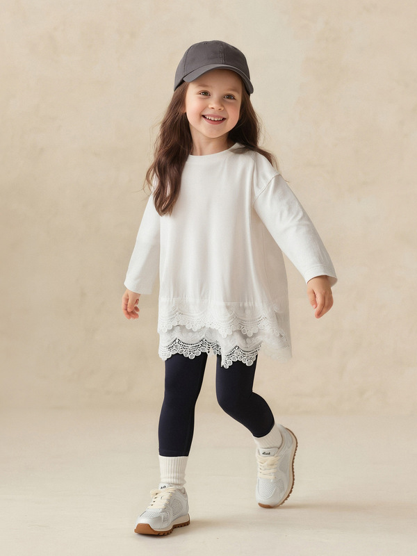 Tongbei 子供服 2025 秋の新作女の子スイート Tシャツレースステッチミッドレングスラウンドネックボトムシャツ|undefined