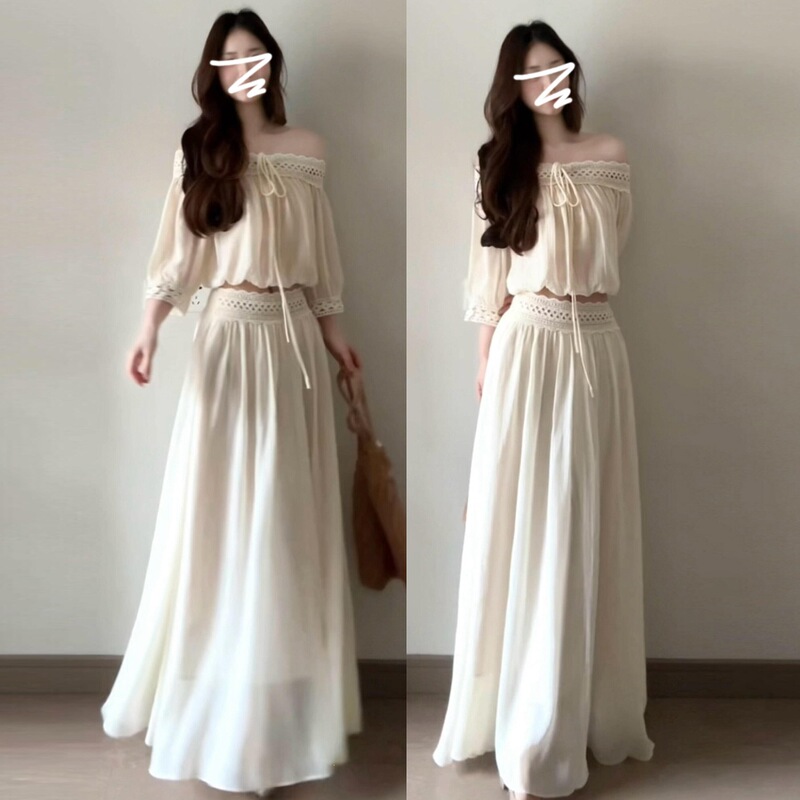 French-Style White Fairy One-Shoulder Dress for Women, New Summer Hollow-Out Chiffon Set Long Dress French-Style White Fairy One-Shoulder Dress for Women, New Summer Hollow-Out Chiffon Set Long Dress