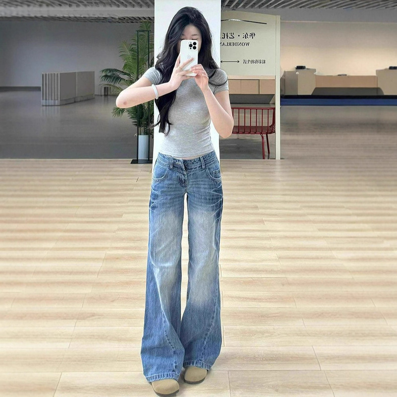 Blue American-Style Flared Jeans for Women, Autumn New Plus-Size Loose Low-Rise Straight-Leg Slimming Bell-Bottom Pants