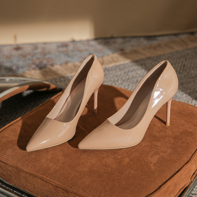 Comfortable Nude High Heels for Women, 2026 Early Spring New Style, Trendy Sexy Patent Leather Stiletto Pointed Toe Soft Leather Pumps