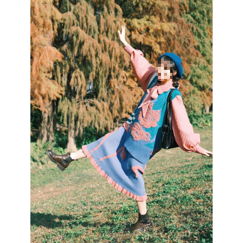 Two-Piece Matching Skirt suit Women's Guofeng Two or Three Things Vest Stacked Long Sleeve Shirt Skirt Three-Piece Trendy