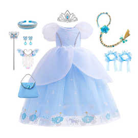 灰姑娘印花裙子灰姑娘蓬蓬公主裙网纱女童连衣裙灰姑娘礼服裙子