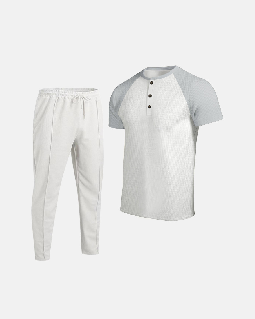 Men's Clothing Men's Summer Waffle Knit Crew Neck Color Block T-Shirt Short Sleeve Casual Outdoor Set For Formal & Casual_viptrois.com